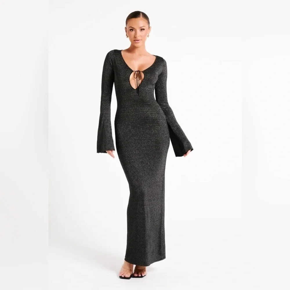 Meshki black metallic Kamila long-sleeve keyhole maxi dress - size XL - Picture 2 of 8